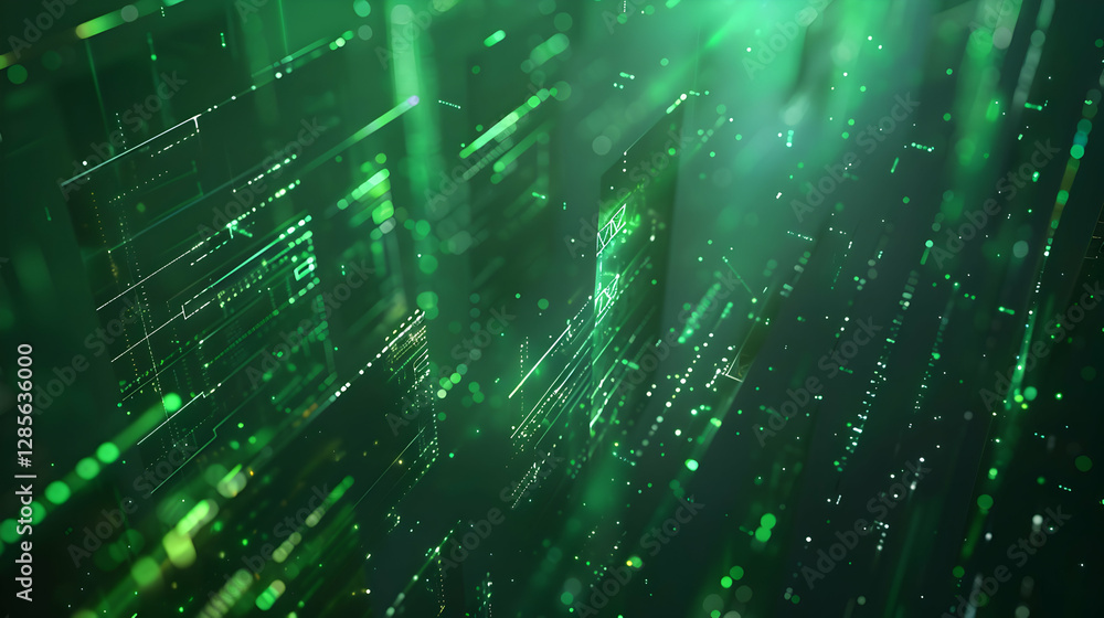 Poster abstract digital background with green light streaks and data patterns creating a futuristic atmosph