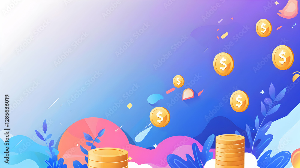 Poster colorful digital illustration of coins floating above stacks with a vibrant background and playful e