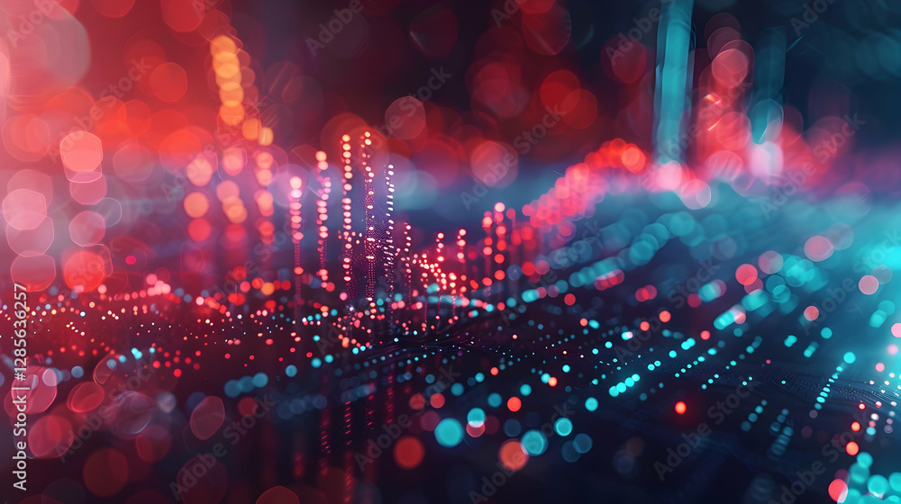 Poster abstract visualization of data analytics with vibrant colors and blurred lights in the background