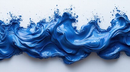 Abstract blue paint waves on white canvas