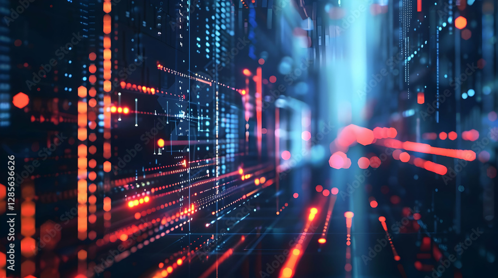 Poster futuristic digital landscape with vibrant data streams and glowing lights creating depth