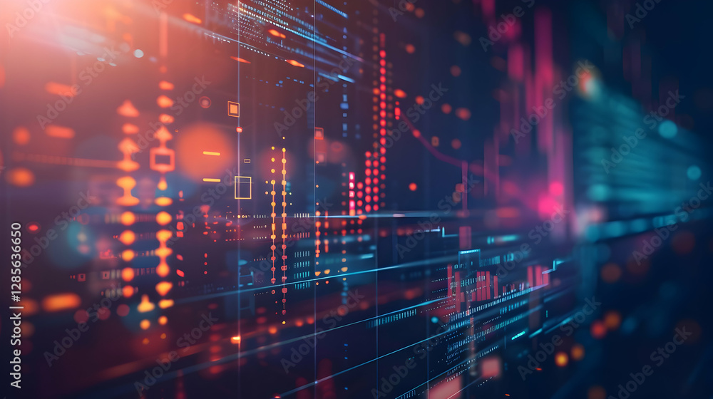 Poster abstract digital background featuring vibrant data streams and glowing elements in a tech environmen