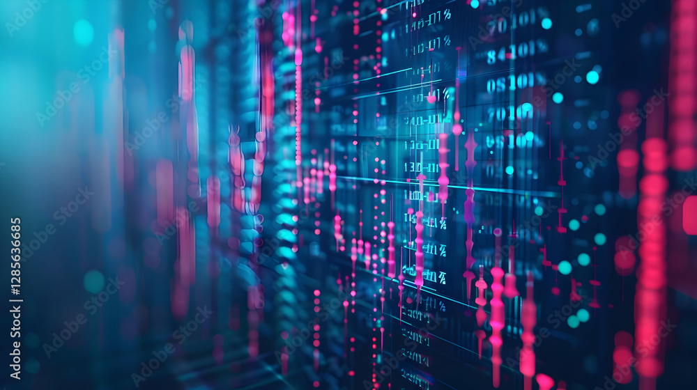 Poster abstract digital data visualization with vibrant colors and patterns representing information flow