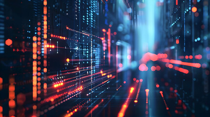 Futuristic digital landscape with vibrant data streams and glowing lights creating depth