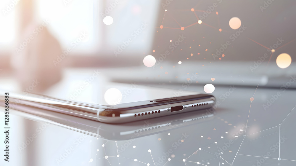 Poster modern smartphone resting on a sleek surface with a blurred background of technology workspace