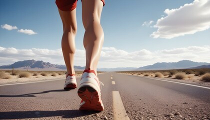 A person's legs and feet wearing red and white running shoes on a long, straight road in a desert landscape with a cloudy sky in the background