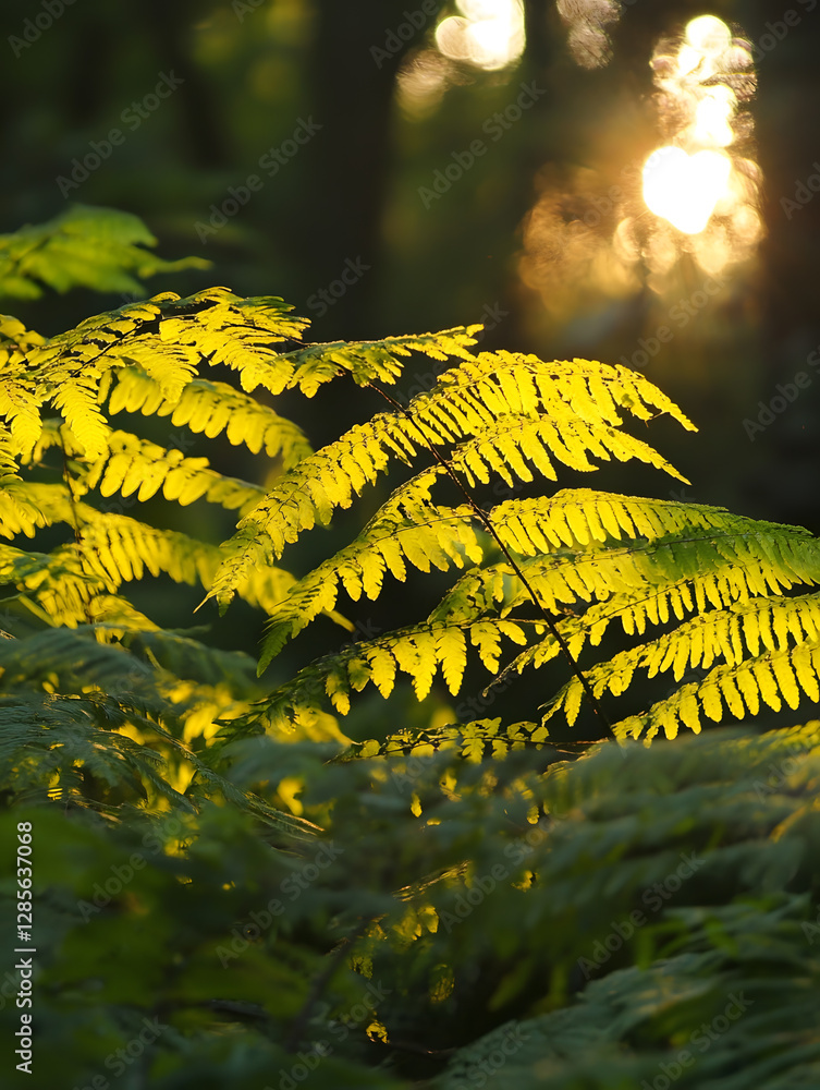 Poster sunlight illuminating fern leaves creating a warm natural glow : generative ai