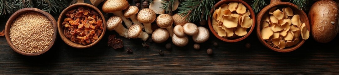 Assorted Mushrooms and Dried Ingredients in Wooden Bowls. Generative AI