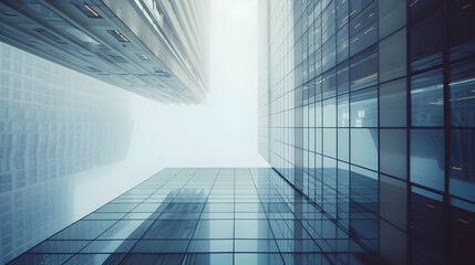 Modern skyscrapers viewed from below, showcasing reflective glass and a misty atmosphere
