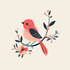 Fototapeta premium A cute red bird resting on a blooming branch in a serene, stylized illustration. The bird's vibrant colors contrast beautifully with the soft floral accents.