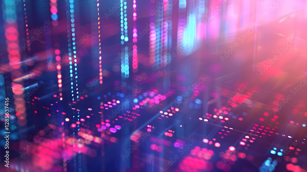 Poster colorful abstract digital background with glowing lines and dots, representing data flow and technol