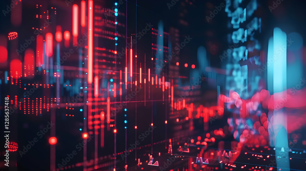 Poster abstract visualization of fluctuating financial data with vibrant colors and digital elements