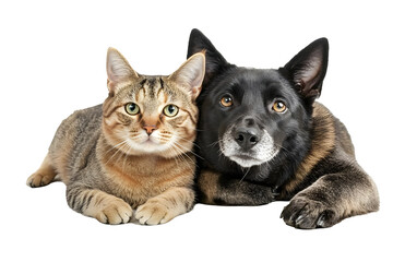 Portrait of Happy dog and cat that looking at the camera together isolated on transparent background, friendship between dog and cat, amazing friendliness of the pets	