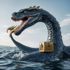 A majestic sea serpent with sapphire eyes clutching a treasure chest with its tail on a pure white background.