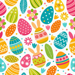 Colorful Easter eggs, flowers, bunny ears seamless pattern.
