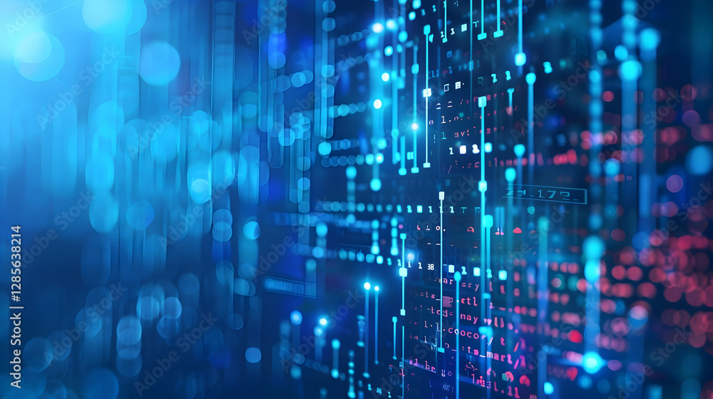 Poster abstract digital background with glowing lines and dots representing data flow and technology