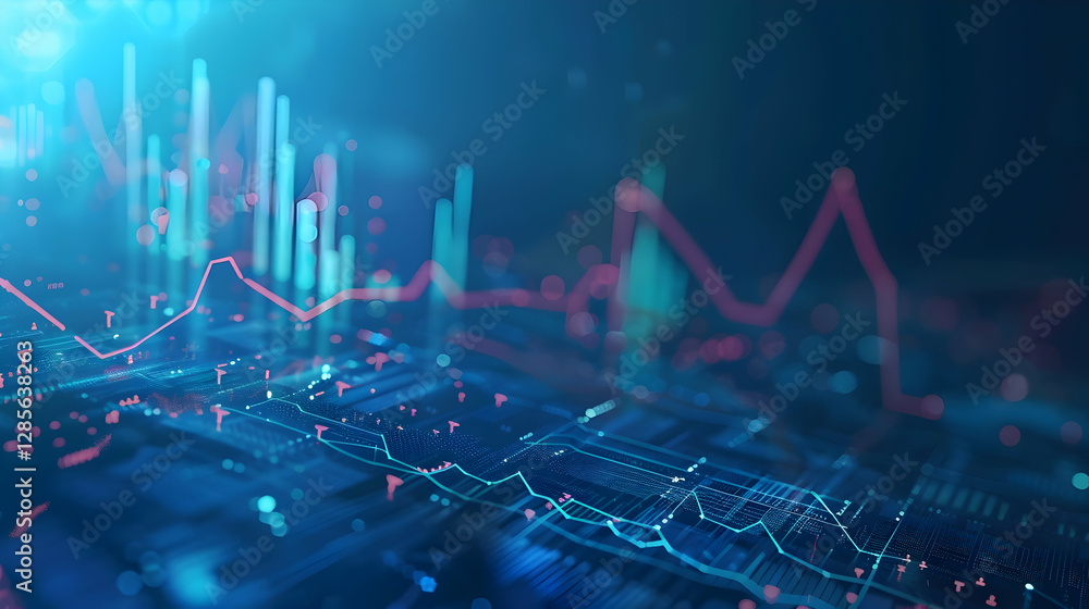 Poster abstract data visualization with colorful graphs representing fluctuating statistics in a digital sp