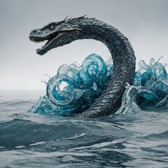 A monstrous sea serpent with glowing patterns guarding a shimmering treasure on a stark white background.