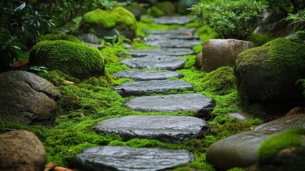 Naklejka premium Serene Mossy Stone Path: A Tranquil Garden Escape