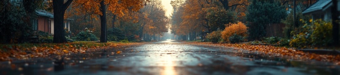 Serene Autumn Street with Wet Pavement and Golden Leaves. Generative AI
