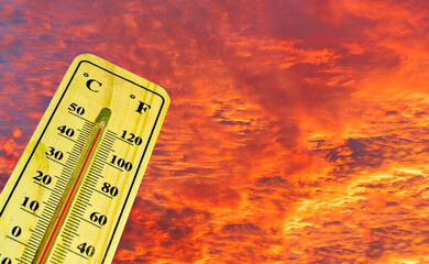 Tropical extreme temperature, measured on an outdoor thermometer, concept of fight for climate and...