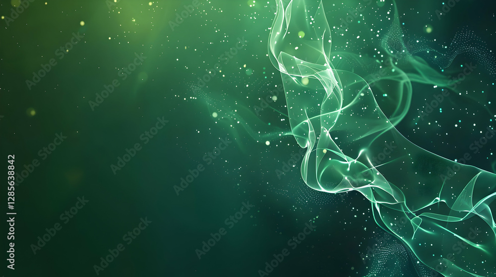 Poster ethereal green abstract background with flowing light patterns and soft bokeh effects
