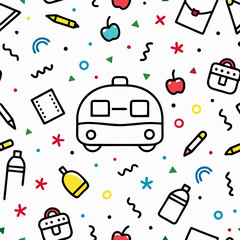 School bus icon surrounded by colorful back to school supplies and elements seamless pattern.
