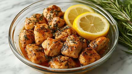 Marinating chicken pieces in a bowl with fresh herbs and lemon slices for a flavorful dish