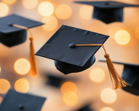 A collection of black graduation caps with golden tassels set against a blurred, illuminated background, symbolizing academic achievement and celebration.