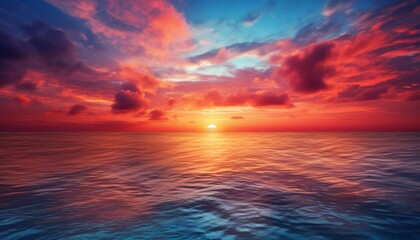 Red and blue sunset or sunrise on a cloudy sky background over ocean.