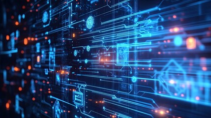 Digital digitalization concept with abstract icons and futuristic interfaces. --