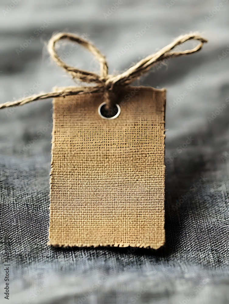 Poster Rustic Burlap Tag with String on Textured Fabric for Vintage and Eco-Friendly Design : Generative AI