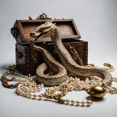 An ancient sea serpent with scarred scales sits beside an open treasure chest spilling gold and pearls on a white background.