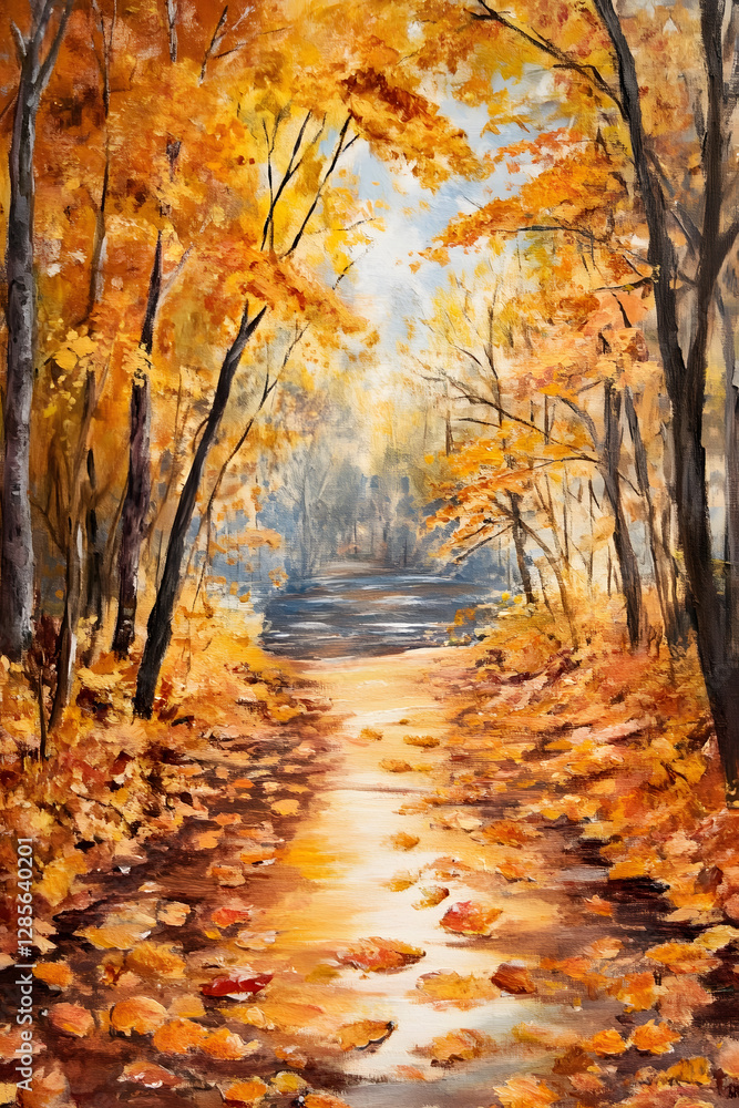 Poster vibrant autumn forest path with sunlit foliage and reflections on water : generative ai