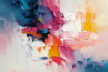 Abstract oil painting with vibrant brushstrokes and palette knife technique, showcasing bold colors of pink, blue, orange, white, and yellow in dynamic composition