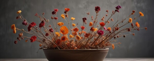 Descriptive abstract art of dried flower stem in a bowl, nature, floral arrangement