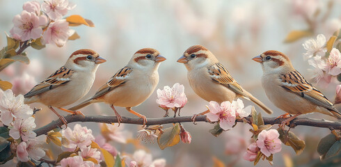 birds and chicks on a flowering branch.
