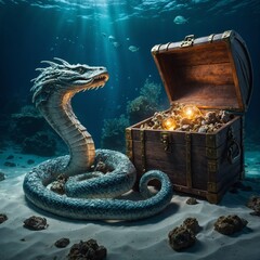A majestic sea serpent coils protectively around a glowing underwater treasure chest on a pure white background.