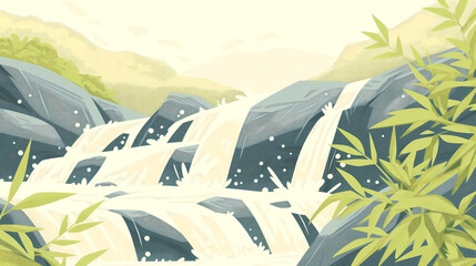 Refreshing Stream Cascading Over Rocks, Lush Green Bamboo Forest Background

