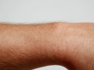 Naklejka premium A close-up of a forearm with light-toned skin, featuring thin red scars and faint pink blemishes. 