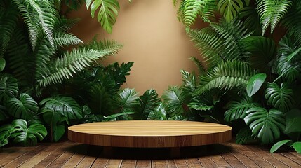 Natural botanical design with empty circle, fern leaves, and wooden stands on beige.