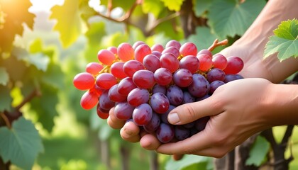 Obraz premium Hands holding a bunch of fresh, ripe red grapes in a vineyard with blurred green foliage in the background