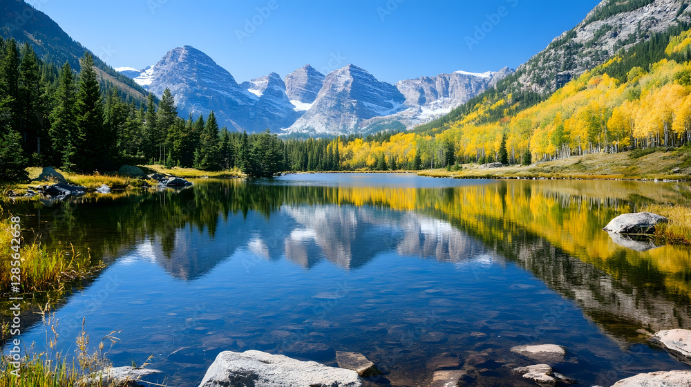 Poster scenic reflection of mountain peaks and trees in serene lake landscape : generative ai