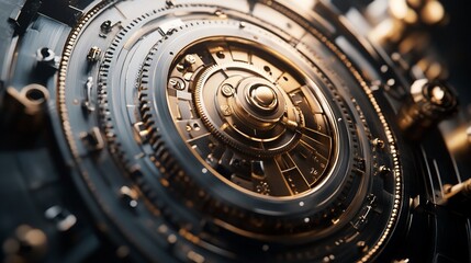 Close-up of intricate dark and gold metallic gear mechanism.