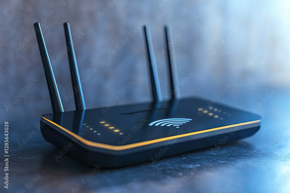 Poster a sleek black wi-fi router with multiple antennas, designed for high-speed internet connectivity and