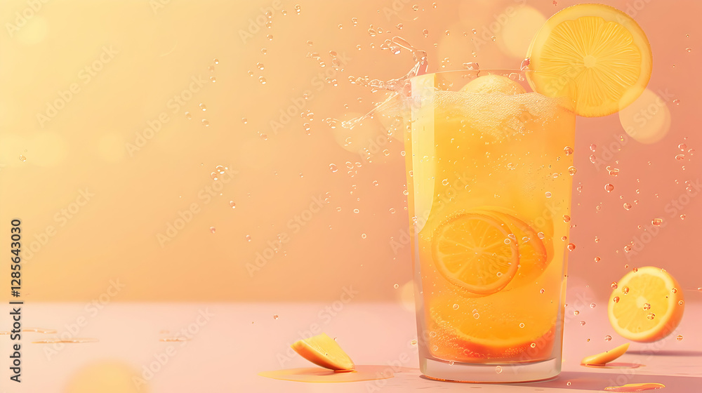 Poster refreshing citrus drink splashing in a glass with lemon slices on a soft pastel background