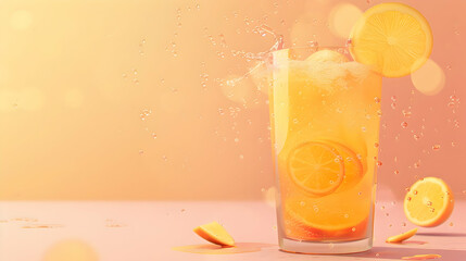 Refreshing citrus drink splashing in a glass with lemon slices on a soft pastel background