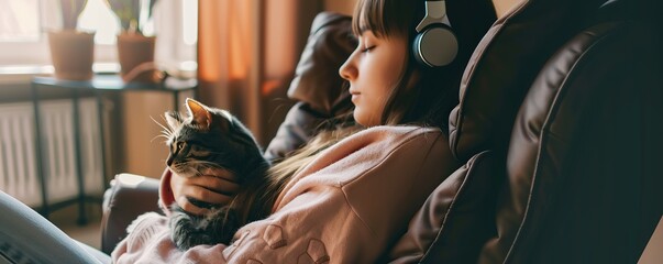 Beautiful woman sitting in a chair at home listening to music wearing headphones and hugging her pet cat