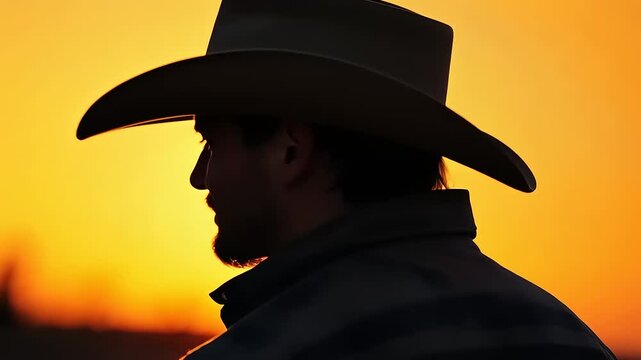 Silhouette of a cowboy adjusting his hat against a vibrant sunset, evoking a sense of tranquility