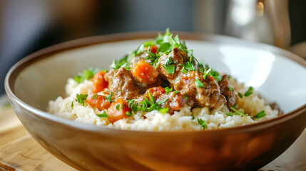 Delicious Beef Stew on Rice with Fresh Parsley in a Rustic Bowl for a Wholesome Meal : Generative AI